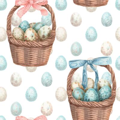 Easter seamless pattern with quail egg basket on the white background. Hand drawn watercolor staggered design in vintage style. Cute print ideal for wallpaper. Perfect for holiday fabric and paper.