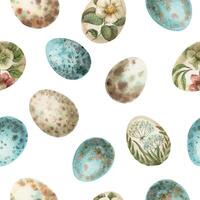 Easter seamless pattern with painted quail egg on the white background. Hand drawn watercolor scattered design in vintage style. Cute print ideal for wallpaper. Perfect for holiday fabric and paper. vector