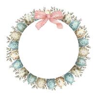 Easter wreath with egg and wildflower in vintage style. Hand drawn watercolor decorative festive design. Graphic circle frame with bow for greeting card template. Perfect for spring holiday season. vector