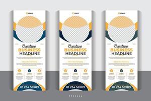 Unique and professional layout exhibition advertising banner, presentation, Business agency business pull up vertical display banner, luxury creative rollup, pull up banner template design vector