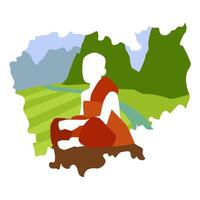 A monk in a cassock against a landscape in the shape of a map of Cambodia vector
