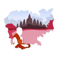 A monk in a cassock against a landscape and a temple in the shape of a map of Cambodia vector