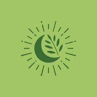 crescent moon with an olive branch inside, surrounded by radiating lines. Moon and Olive Branch Icon, Nature Symbol, Eco friendly logo vector