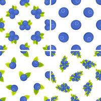 Set of seamless patterns with blueberries and leaves on white background vector