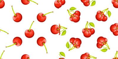 Seamless pattern with ripe red cherries and green leaves on white background vector