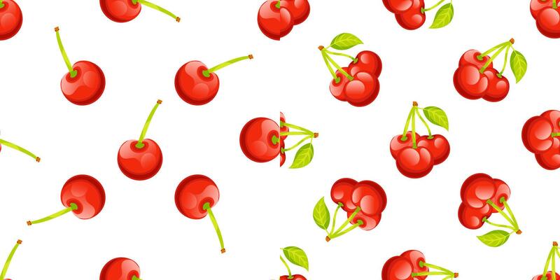 Seamless pattern with ripe red cherries and green leaves on white background