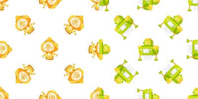 Friendly robots and droids repeating pattern on white background vector