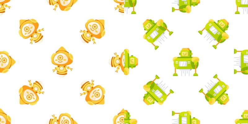 Friendly robots and droids repeating pattern on white background