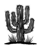Cactus silhouette featuring multiple arms standing in arid terrain with spiky features and nearby grass under bright sun vector