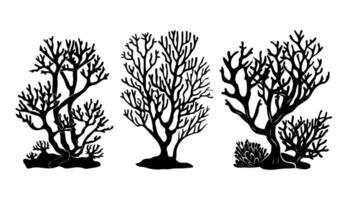 Illustrations of abstract coral formations showcasing intricate designs and varied shapes from underwater ecosystems in a stylized black silhouette format vector