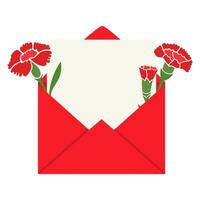 Envelope with red carnations and copyspace flat illustration vector