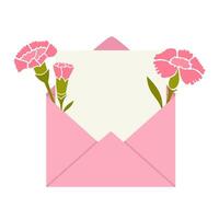 Pink envelope with beautiful pink carnations and copyspace flat illustration isolated on white background vector