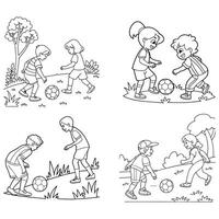 Black and White Line Art of Kids Playing Soccer in a GardenIllustration vector