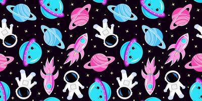seamless space pattern cute astronauts, planets stars rockets on dark background design for children's textile, wrapping, and decor cosmic art vector