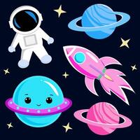 isolated cute illustration of space cartoon objects with astronaut, rocket, planets and stars on dark background. Charming space design for kids, nursery, wallpaper prints textiles vector