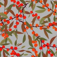 boho seamless autumn pattern green leaves, red and orange sea buckthorn berries on gray background. botanical design for textile, decor vector