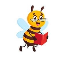 Cartoon honey bee character, honeybee reading book vector