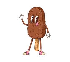 Retro groovy popsicle ice cream dessert character vector