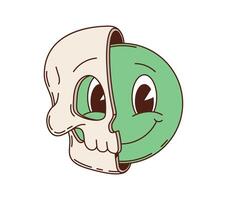 Cartoon groovy retro smiling green face skull mask vector