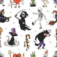 Cartoon groovy Halloween characters tile pattern vector
