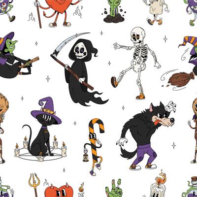 Cartoon groovy Halloween characters tile pattern