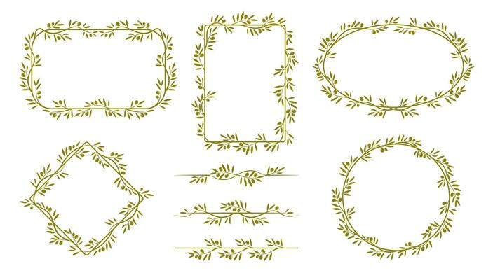 Green olive tree branches frame borders, dividers