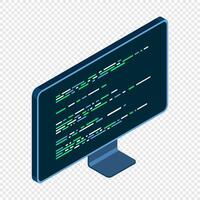 Isometric monitor. Computer monitor isometric desktop. Program code on a monitor screen. Modern monitor. illustration, vector