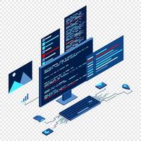 Computer technology isometric illustration. Desktop computer platforms. Software programming coding concept. Code with computer monitor. Isometric technology vector