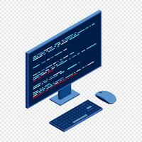 Isometric monitor with program code on screen. Computer programming with keyboard and mouse. Programming concept. Web development. Isometric technology vector