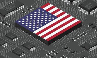 Isometric electronic board with USA flag. Isometric printed circuit board with electronic components, Electronic components and integrated circuit board vector