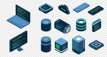 Set of isometric computer technology. Isometric set server equipment. Technology isometric icons. Digital technology items. Isometric technology vector