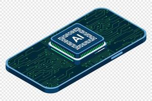 Isometric smartphone with AI. Artificial intelligence and smartphone concept. Smartphone with futuristic artificial intelligence processor. Isometric technology vector