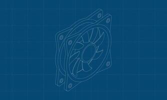 Isometric computer fan blueprint. Computer fan cooler. Isometric of PC case fan. Computer hardware components. illustration, vector