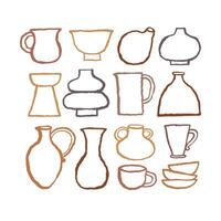 Collection of cute trendy crockery elements. Ink hand drawn line illustration on white background Set of different modern handmade tableware. Earthy tones print. vector
