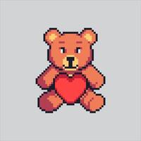 Cute Teddy Bear with heart Icon pixelated for the pixel art game and icon for website and game. old school retro. vector