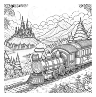 A black and white coloring page with a train and castle png