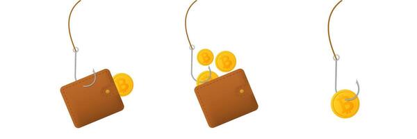 Brown wallet and bitcoin coin hooked on a fishing line symbolizing digital money concepts vector