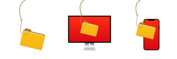 Digital security concepts. folder phishing on computer and phone displays vector