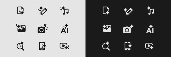 Ai-themed icons featuring tools like pencil music camera and more in black and white design vector