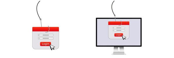Phishing scam concept with suspicious login prompt arises on computer monitor for caution vector