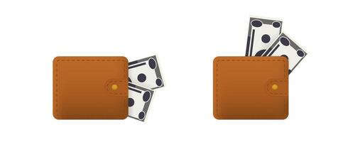 Brown leather wallet with two banknotes visible, showcasing simple money holder design vector