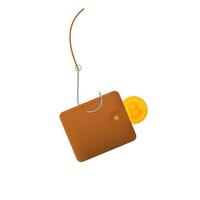 Bitcoin wallet caught on fish hook symbolizing cryptocurrency security risks vector