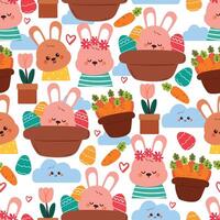 seamless pattern cute cartoon bunny with basket of carrot and egg. cute easter wallpaper, pattern, background vector