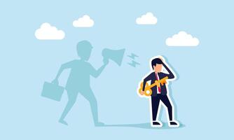 A sad businessman holds a key while his shadow behind him yells with a megaphone, illustration of lacking confidence in the given solution advice and needing motivation vector
