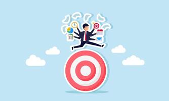A businessman with multiple hands, each holding a work icon, runs around a target board, illustration of multitasking ability in achieving business targets vector