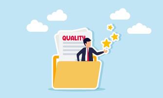A businessman gives a star emerging from a folder containing papers labeled QUALITY, illustration of a document about business quality secrets vector