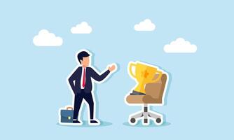A businessman talks with a trophy placed on an office chair, illustration of business performance evaluation as a leading company vector