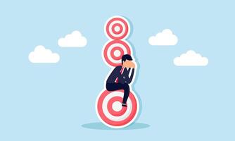 A businessman feels sad sitting on a target board with a pile of target boards pressing on his body, illustration of an overwhelming workload of unfinished tasks vector