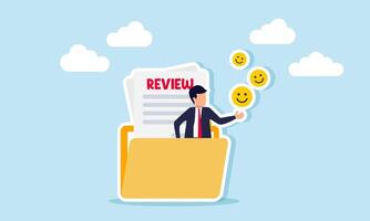 A businessman gives a happy emoticon emerging from a folder containing papers labeled REVIEW, illustration of a document about business review vector