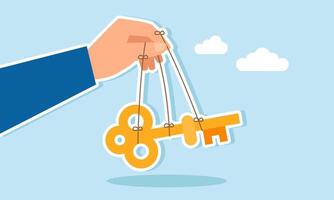 A hand manipulates a key using strings attached to fingers and the key, illustration of key control in business vector